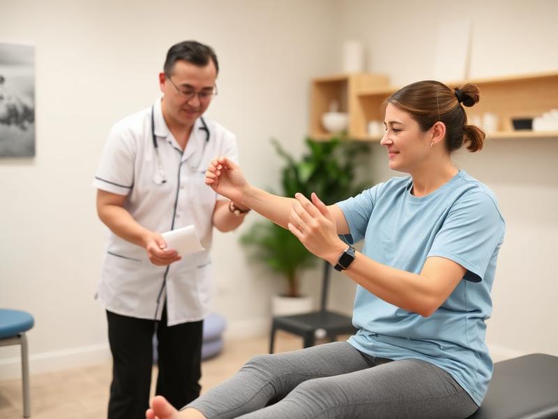Physiotherapist helping patient with exercises