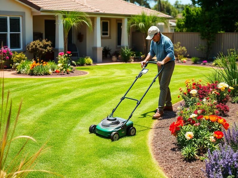 Person mowing lawn in a garden